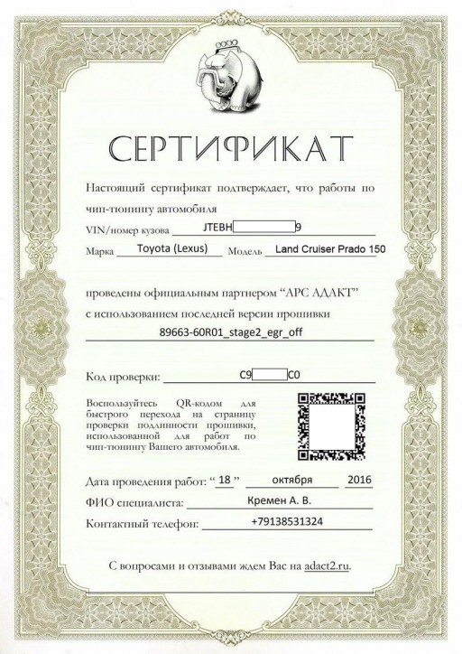 Toyota Land Cruiser Prado J150, с двигателем 3.0L 1KD-FTV - Сертификат проверки подлинности прошивки