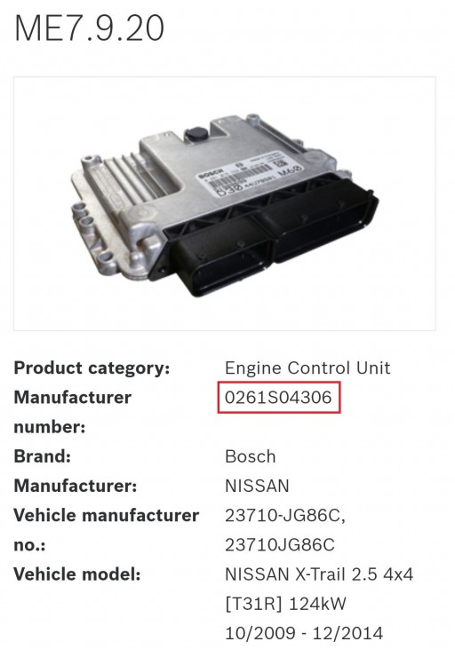 Nissan X-Trail T31 2.5L QR25DE - Информация о блоке Bosch ME7.9.20